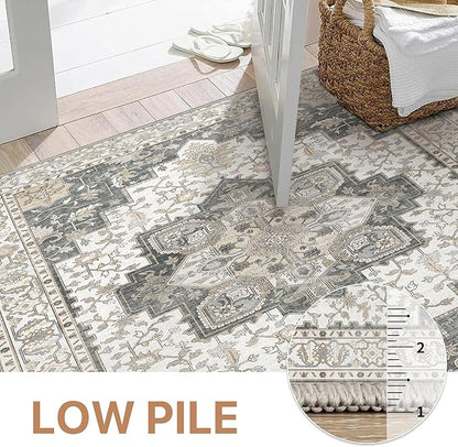 GENIMO 5x7 Area Rugs for Living Room, Machine Washable Non Slip Vintage Rugs, Low Pile Lightweight Chenille Print Rug for Bedroom, Dining Room, Home Office, Heathered Grey