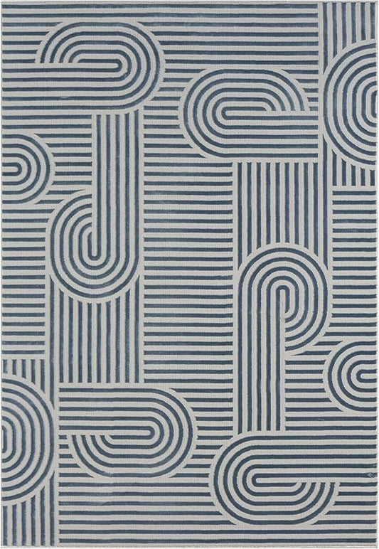 Annabel Modern Geometric Area Rug for Living Room, 5x7 Contemporary Arched and Linear Blue Rug, High-Low Pile Stain Resistant Carpet for Bedroom, Dining Room or Kitchen (5' x 7', Blue)