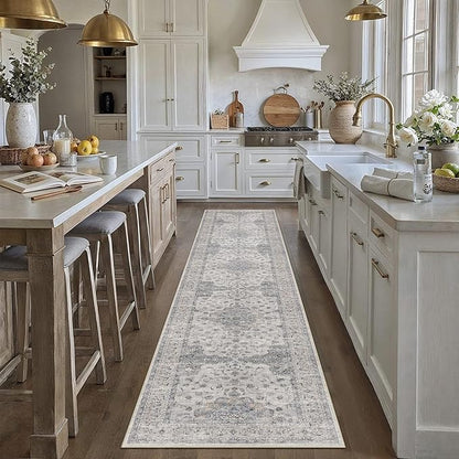 HUGEAR Machine Washable Hallway Runner Rugs 2x10 Vintage Blue Neutral Style Non Slip Stain Resistant Low Pile Throw Carpet for Bedroom Kitchen Retro Aesthetic Modern Decor
