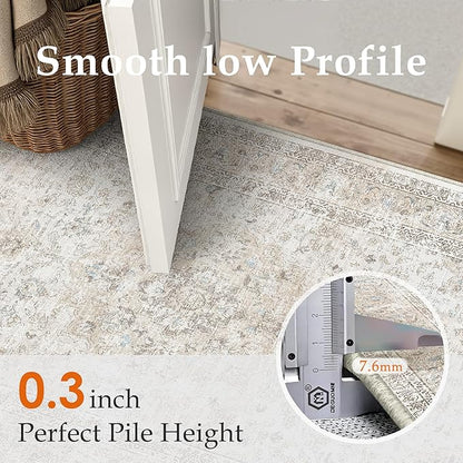 2x10 Washable Vintage Runner Rug for Living Room Bedroom Beige Grey Soft Tranditional Non Slip Runner Rug Lightweight Floral Low Pile Distressed Carpet Hallway Kitchen Bathroom Bedroom