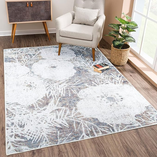 Bloom Rugs Washable Non-Slip 6' x 9' Rug - Tan/Brown/Blue Modern Floral Area Rug for Living Room, Bedroom, Dining Room, and Kitchen - Exact Size: 6' x 9'