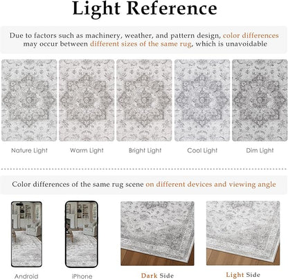 Gray Area Rug 9x12 Washable Living Room Carpet Vintage Non Slip Soft Bedroom Indoor Office Retro Grey Low Pile Thin Oriental Medallion Large Rug for Dining Room Bathroom Playroom