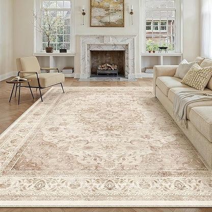 8x10 Beige Washable Vintage Area Rug for Living Room Bedroom Soft Tranditional Non Slip Large Throw Rug Lightweight Floral Low Pile Distressed Carpet Office Playroom Home Decor