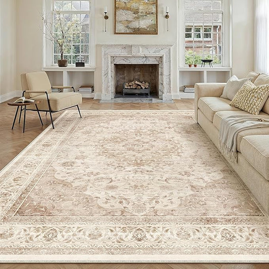 10x12 Beige Washable Vintage Area Rug for Living Room Bedroom Soft Tranditional Non Slip Large Throw Rug Lightweight Floral Low Pile Distressed Carpet Bedroom Playroom Classroom Office