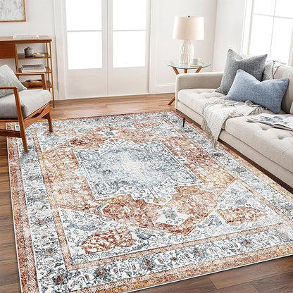 Area Rug 8x10 Washable Rug Tangerine Vintage Traditional Mat Distressed Indoor Foldable Thin Retro Accent Floral Print Rug Non Slip Carpet Living Room Dining Room Office