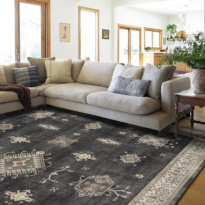 RUGGABLE Washable Vintage Area Rug – Verena Dark Wood 10x14, Stain-Resistant, Non-Slip – Large Machine Washable Rugs for Living Room, Bedroom, Hallway, Entryway & Office–with Cushioned Pad