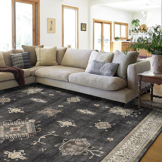 RUGGABLE Washable Vintage Area Rug – Verena Dark Wood 10x14, Stain-Resistant, Non-Slip – Large Machine Washable Rugs for Living Room, Bedroom, Hallway, Entryway & Office–with Cushioned Pad