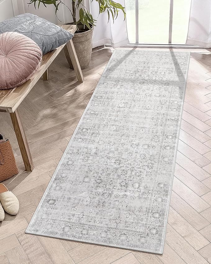 LIVEBOX 2x6 Washable Runner Rug - Kitchen Rug Runner Entryway Rugs, Low-Pile Vintage Grey Rugs for Bedroom, Non-Skid Soft Carpet for Bathroom Hallway