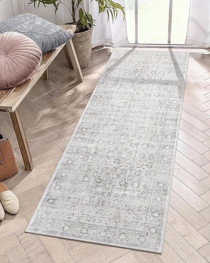 LIVEBOX 2x6 Washable Runner Rug - Kitchen Rug Runner Entryway Rugs, Low-Pile Vintage Grey Rugs for Bedroom, Non-Skid Soft Carpet for Bathroom Hallway