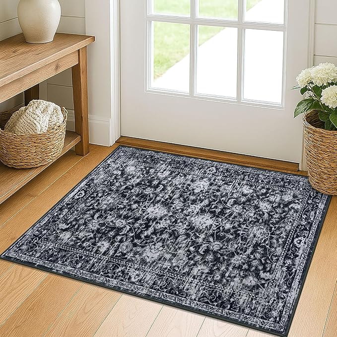 KILOCOCO Small Area Rug 2x3 Entryway Rugs Printed Vintage Moroccan Floral Washable Rug Non-Slip Kitchen Rug Indoor Door Mat, Accent Throw Small Rugs for Laundry Room Bedroom Entrance, Black/Navy/White