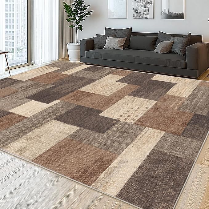 Modern Geometric Patchwork Indoor Area Rug for Living Room, Beige 9'x 12' Large Rug Rockwood Collection Hardwood Floors Decor for Bedroom, Beige Throw Carpet for Office Entryway Dining Room