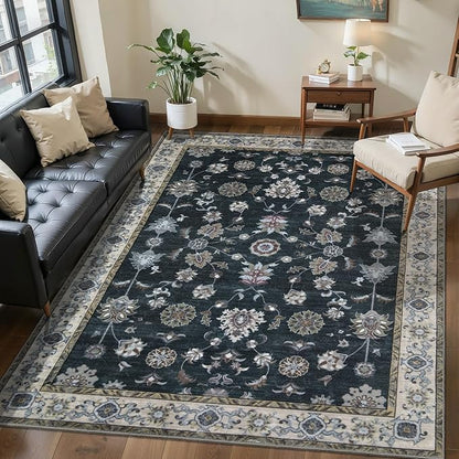 Tangsoo Black 5x7 Washable Area Rugs for Living Room, Floral Vintage Indoor Non Slip Large Area Rug, Print Distressed Carpet, Soft Low Pile Foldable Floor Rug for Bedroom Dining Room Dorm