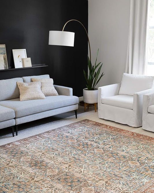 Loloi Layla Collection LAY-04 Ocean/Rust 2'-0" x 5'-0" .13" Thick Accent Rug, Soft, Durable, Vintage Inspired, Distressed, Low Pile, Non-Shedding, Easy Clean, Printed, Living Room Rug