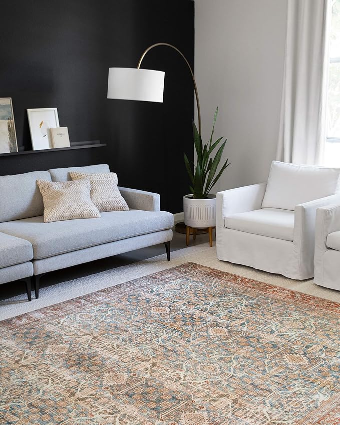 Loloi Layla Collection LAY-04 Ocean/Rust 7'-6" x 9'-6" .13" Thick Area Rug, Soft, Durable, Vintage Inspired, Distressed, Low Pile, Non-Shedding, Easy Clean, Printed, Living Room Rug