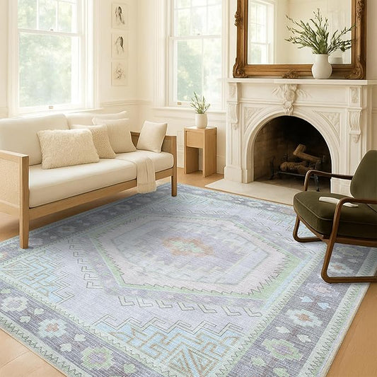 Fame Living Washable Area Rug. Modern Farmhouse. Vintage. Turkish. Bohemian. Distressed. Oriental. Traditional. Rugs for Living Room. Dining. Bedroom. Office. Entryway. Foyer. (856GrnCrm, 2' x 3')