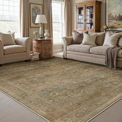 Vintage Area Rug 8x10 Washable Brown Living Room Carpet Large Indoor Non Slip Bedroom Low Pile Kitchen Distressed Retro Accent Throw Rug for Dining Room