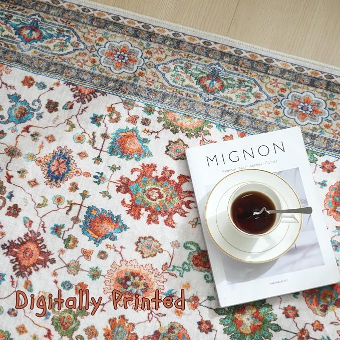 Rugcomf Bedroom Rug 3x5 Rug Washable Area Rug Non Slip Low Pile Boho Small Carpet for Bedroom, Bedside, Kitchen, Entryway, Kids Room, Office, College Dorm Essentials for Girls (Colorful)