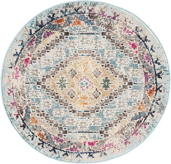 SAFAVIEH Madison Collection 3' Round Blue / Yellow MAD418K Boho Diamond Distressed Non-Shedding Dining Room Entryway Foyer Living Room Bedroom Area Rug