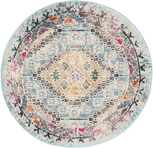 SAFAVIEH Madison Collection 3' Round Blue / Yellow MAD418K Boho Diamond Distressed Non-Shedding Dining Room Entryway Foyer Living Room Bedroom Area Rug