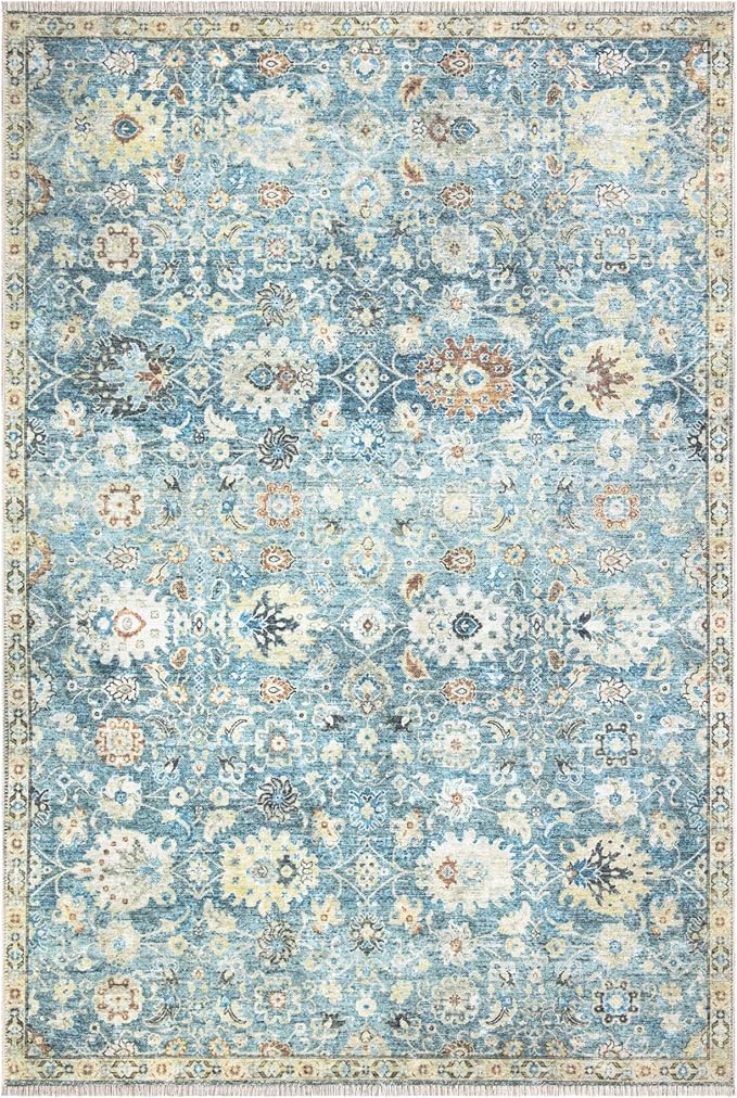 Bloom Rugs Caria Washable Non-Slip 4x6 Rug - Blue/Beige Traditional Area Rug for Living Room, Bedroom, Dining Room, and Kitchen - Exact Size: 4' x 6'
