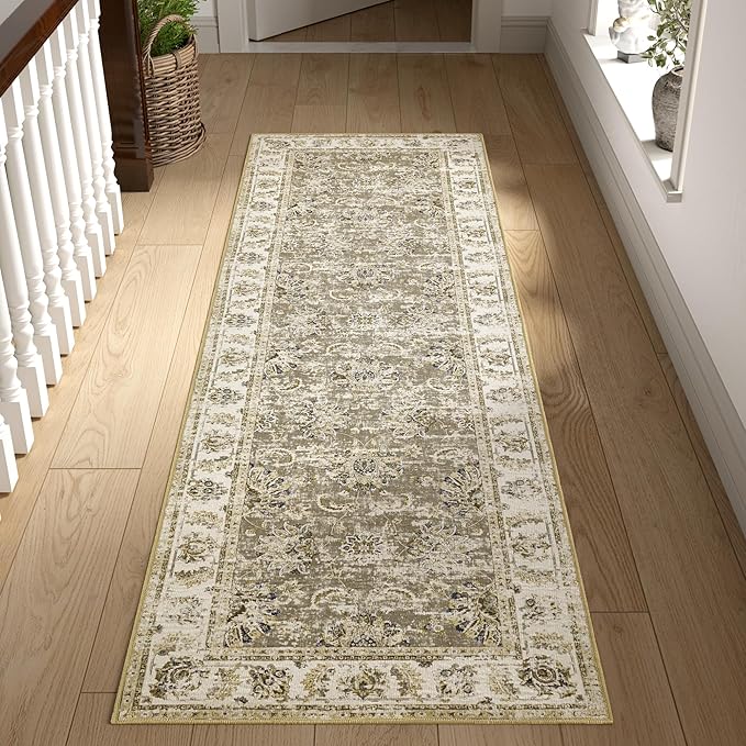 jinchan Fiora Runner Rug 2x5 Washable Hallway Runner- Vintage Floral Non Slip Low-Pile Soft Thin Kitchen Rug Distressed Carpet for Farmhouse Bedroom Entryway Laundry Room(2x5ft, Taupe)