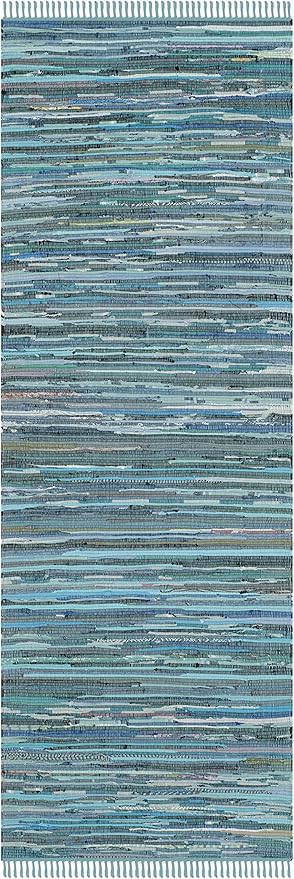 SAFAVIEH Rag Rug Collection Runner Rug - 2'3" x 10', Blue & Multi, Handmade Boho Stripe Cotton, Ideal for High Traffic Areas in Living Room, Bedroom (RAR121B)