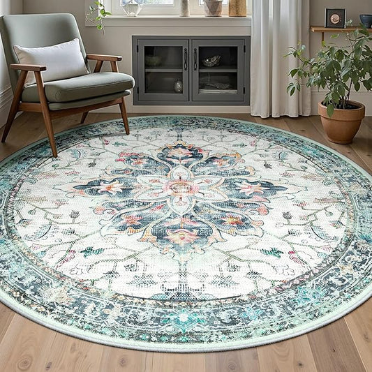 Area Rugs 5ft Washable Non-Slip, Floral Vintage Distress Print Pattern Medallion Carpet for Living Room Bedroom Dining Room, Green Navy Blue White Red Teal Colorful