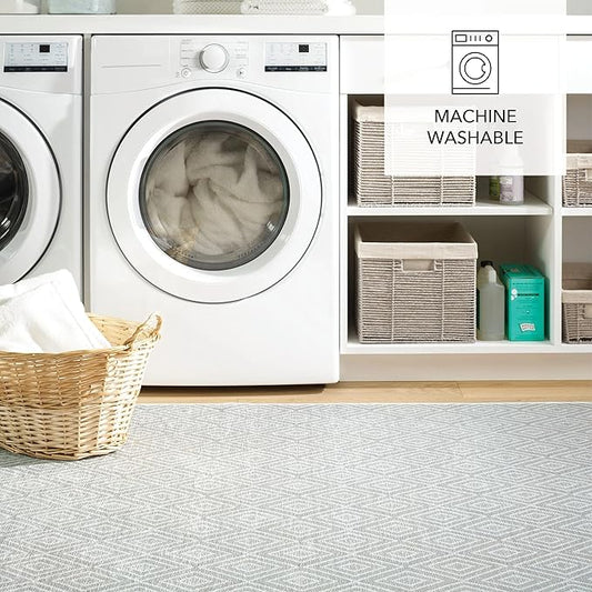 Dash and Albert Diamond Machine Washable Area Rug - 4' x 6' Platinum/White - Diamond Accent Rug - Anti-Slip Backing, Lightweight, Machine Washable, High Traffic Areas Kitchen, Mudroom, Laundry Room