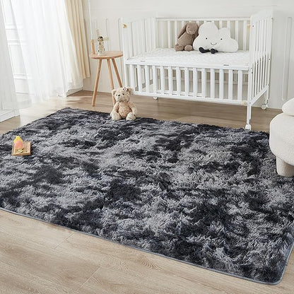 Andency Soft Area Rugs for Living Room Bedroom, 5x8 Fluffy Shaggy Bedside Rug, Non-Slip Large Shag Fuzzy Plush Carpets for Bedroom Kids Dorm Nursery Home Decor Aesthetic, Tie-Dyed Dark Grey