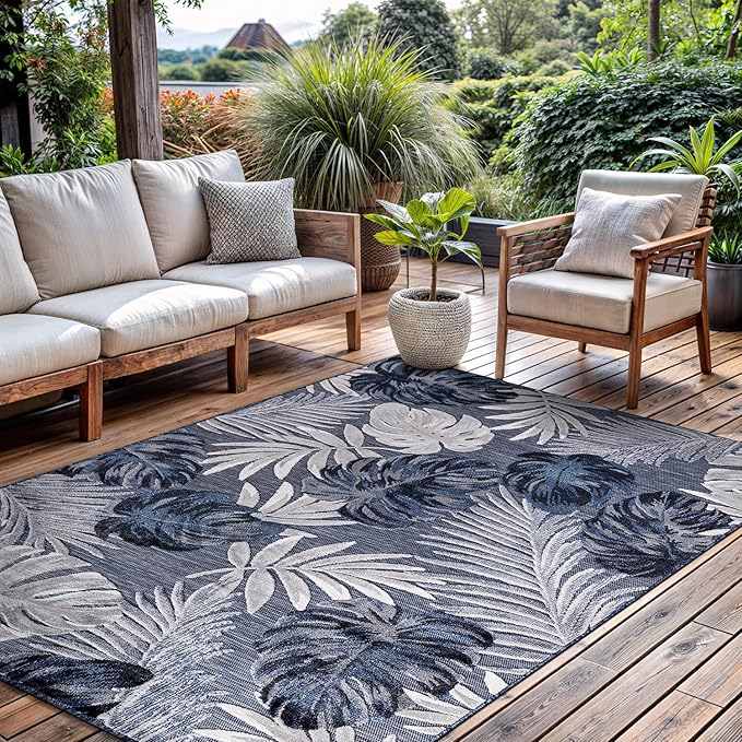 CAMILSON Indoor Outdoor Rug, Navy 7’10”x10’ Leaf Tropical Botanical Area Rugs for Indoor and Outdoor patios, Easy-Cleaning Non-Shedding Living Room, Garden and Kitchen Washable Outside Carpet (8x10)