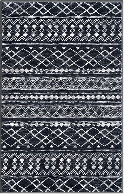 KUTA Bedroom Boho Rug 4x6 Black, Moroccan Washable Area Rugs Non Slip, Ultra Soft Print Distressed Geometric Low-Pile Entry Throw Carpet for Bedroom Nursery Dorm Kitchen Decor