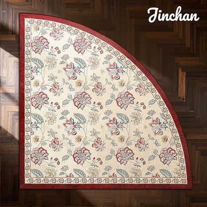 jinchan Elora Floral Corner Rug for Entryway Washable Kitchen Rug Vintage Romance Design Non Slip Quarter Circle Lightweight Low-Pile Throw Carpet for Playroom Reading Nook, 4ft Radius, Red/Beige