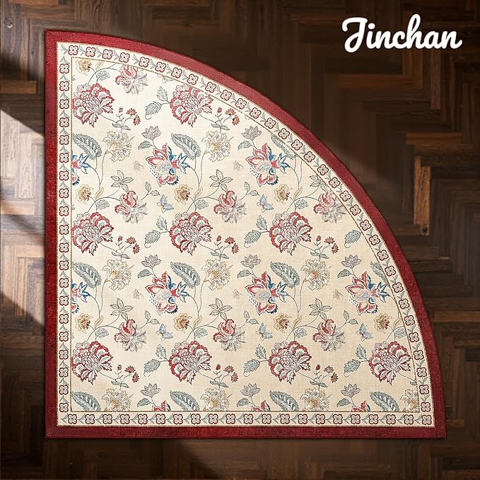 jinchan Elora Floral Corner Rug for Living Room Washable Bedroom Rug Vintage Romance Design Non Slip Quarter Circle Lightweight Low-Pile Throw Carpet for Reading Nook Playroom,6ft Radius, Red/Beige