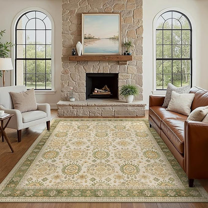 8x10 Area Rug Machine Washable Boho Rug for Living Room,Ultra-Thin Low Pile Carpet,Lightweight Indoor Printed Rug,Non Slip Floral Area Rug for Bedroom, Dining Room, Home Office,Green