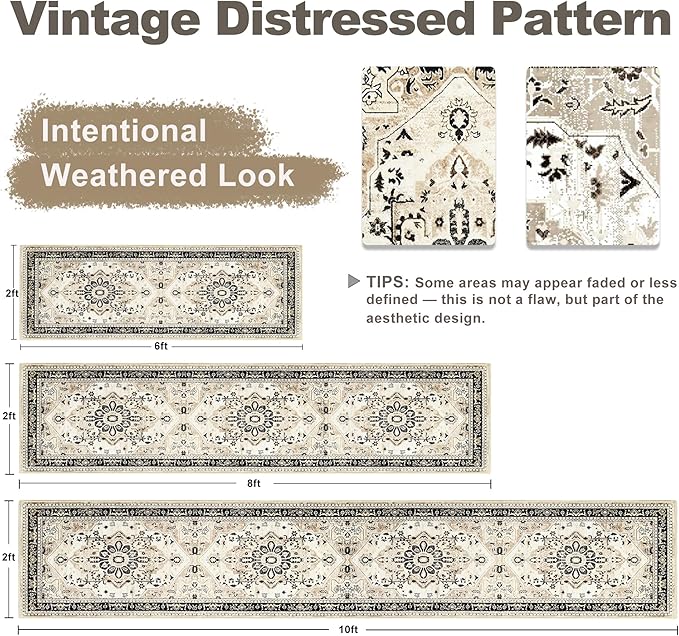 XWZO Runner Rug 2x6ft, Washable Hallway Runner with Non-Slip Backing, Vintage Spill Stain Resistant Floor Mat for Entryway Corridor Bedroom Kitchen, Soft Low-Pile Area Carpet, Brown Beige