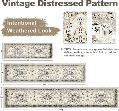 XWZO Runner Rug 2x10ft for Long Hallways, Washable Non-Slip Low Pile Area Rug with Rubber Backing, Spill Resistant Soft Vintage Floor Carpet for Kitchen Entryway Stair Landing Bedroom, Brown Beige