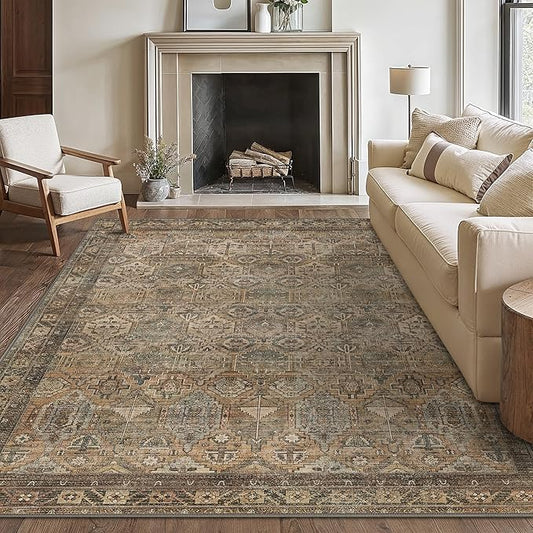 Bavni Washable Rug 6x9 Area Rug for Living Room Bedroom Dining, Washable Vintage Print Carpet, Ultra-Thin Chenille Low Pile Lightweight Rug with Non Slip Backing, Warm Taupe