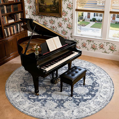 jinchan Fiora Round Rug 8ft Area Rugs Vintage Floral Distressed Design Machine Washable Non-Slip Low-Pile Ultra-Thin Circle Rug for Living Room Dining Room Bedroom Farmhouse (8' Round, Dark Blue)