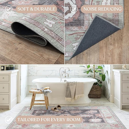 Fame Living Green Oushak Rug, Modern, Vintage, Turkish, Eclectic, Floral, Pastel, Washable, Area Rugs for Living Room, Dining, Bedroom, Office, Entryway, Foyer, Playroom, Nursery, 5'x6'9"