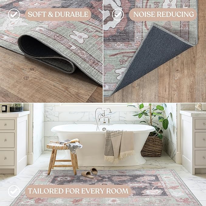 Fame Living Green Oushak Rug, Modern Small Rugs, Vintage, Turkish, Eclectic, Floral, Pastel, Washable, Door Mat, Doormat for Indoor Entrance, Entryway, Kitchen, Bathroom, Bedroom, Laundry, 2'x3'