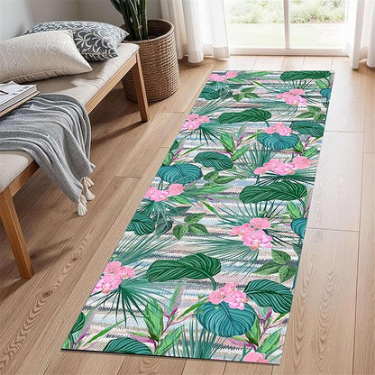 Tropical Runner Rug 3.3x7 ft - Floral & Leaf Print, Pink Flowers & Greenery - Non-Slip Easy Clean - Hallway, Living Room, Bedroom - Bohemian Watercolor Style