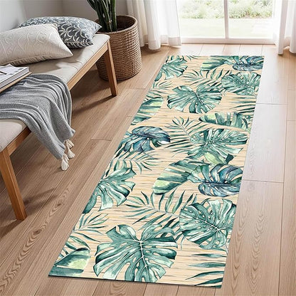 1.3x7 ft Runner Rug Tropical Blue - Non-Slip Low-Pile & Washable for Hallway, Living Room, Bedroom - Botanical Leaf Print Plush Soft - No Linting Easy Clean Indoor Carpet