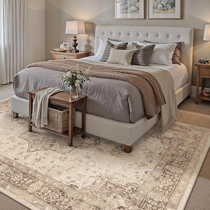Brown 6x9 Area Rug Washable Vintage Living Room Carpet Non Slip Retro Distressed Low Pile Soft Oriental Medallion Thin Large Throw Rug for Office Bedroom Dining Room Playroom