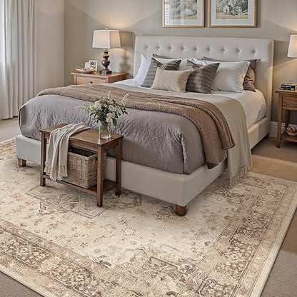 Brown 8x10 Area Rug Washable Vintage Living Room Carpet Non Slip Retro Distressed Low Pile Soft Oriental Medallion Thin Large Throw Rug for Office Bedroom Dining Room Playroom