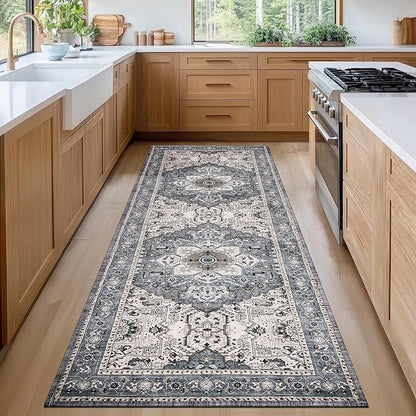 PURRUGS Vintage Farmhouse Boho Runner Rug 2x6 ft, Non-Slip Machine Washable Rug, Accent Oriental Area Rug for Kitchen, Hallway, Entryway, Bedroom, Living Room & Dining Room, Periwinkle Gray/Soft Ivory