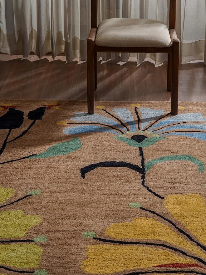 Rugsotic Carpets Hand Tufted Wool ECO-Friendly Area Rugs - 4'x6', Rectangle Shape, Camel, Floral Modern Design, High Pile Thick Handmade Anti Skid Area Rugs for Living Room, Bed Room (K00219)