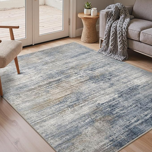 Bavni Washable Rug, Soft Abstract Rugs Non-Slip, Thin Foldable 3x5 Rug, Modern Stain Resistant Area Rug for Living Room, Kitchen, Bedroom, Blue/Light Grey