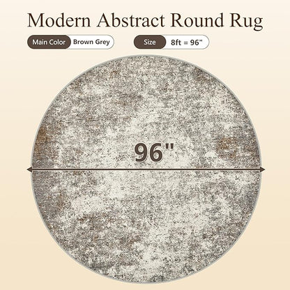 8ft Washable Round Rug - 8x8 Area Rugs Modern Abstract Rugs for Living Room Non-Slip Low Pile Soft Machine Washable Carpet for Bedroom, Living Room, Dining Room, Nursery, Farmhouse (8'x8' Brown Grey)