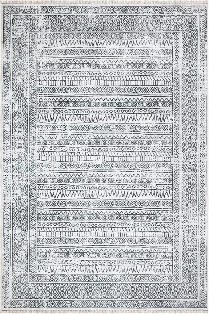 Bloom Rugs Caria Washable Non-Slip 9x12 Rug - Ivory/Black Geometric Area Rug for Living Room, Bedroom, Dining Room, and Kitchen - Exact Size: 9' x 12'