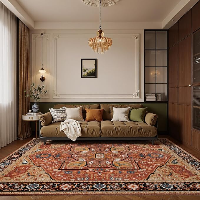 EnHomee 5x7 Area Rugs Washable for Bedroom, Boho Vintage Rugs, Foldable Area Rug for Dining Room, Non-Slip Soft Living Room Rug, Low Pile Large Carpet for Bathroom, Red